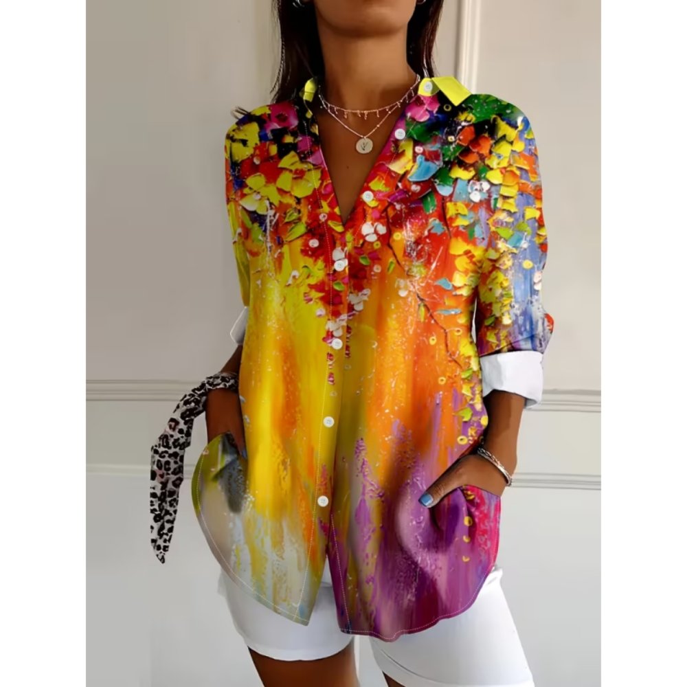 Women Blouses Abstract Color Splash Graphic Long Sleeve Blouse for Women