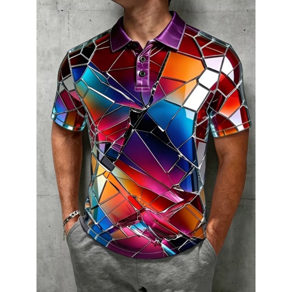 Men Polo Shirts Men's Geometric Color Block Abstract Print Glass Art Short Sleeve Button Polo Shirt