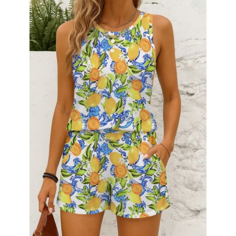 Women Sets Women Summer Beach Yacht Vacation 2pcs Outfit Set with 3D All Over Digital Printed White Base Sicilian Lemon