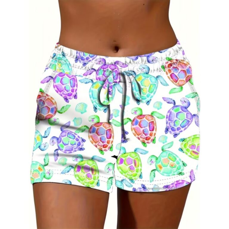 Women Shorts Women's High-Waisted Elastic Shorts with Adjustable Drawstring Waist & Vibrant Turtle Print