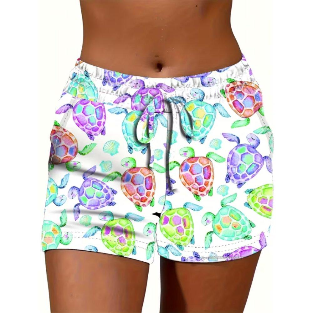 Women Shorts Women's High-Waisted Elastic Shorts with Adjustable Drawstring Waist & Vibrant Turtle Print