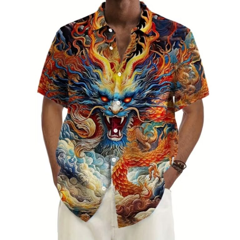 Men Shirts Vintage Dragon Print Men's Plus Size Button-Up Pocket Shirt