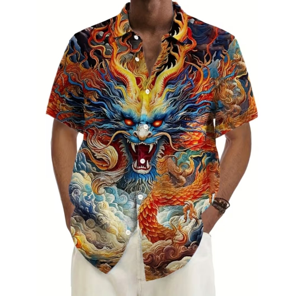 Men Shirts Vintage Dragon Print Men's Plus Size Button-Up Pocket Shirt
