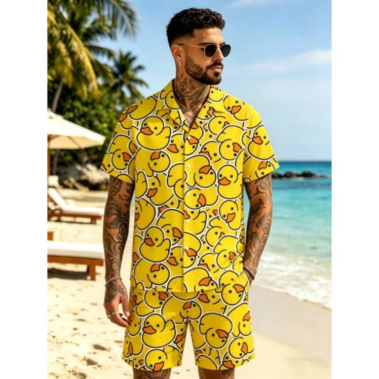 Men Sets Men'S Summer 2pcs Cartoon Duck Print Beach Shirt And Shorts Outfit Set