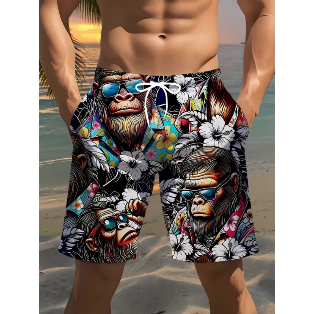 Men Shorts Men's Fashion Printed Beach Shorts with 3D Gorilla Pattern Print