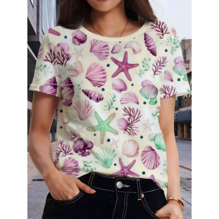Women T-shirts Women Ocean-themed Printed Short Sleeve T-shirt