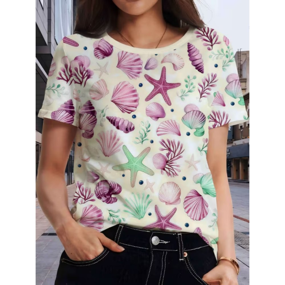 Women T-shirts Women Ocean-themed Printed Short Sleeve T-shirt