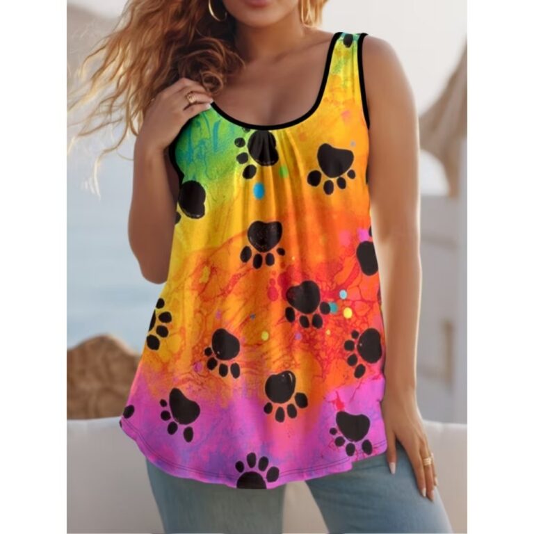 Women Tank Tops Women's Pleated Tank Top with Summer Casual Color Smudge and Puppy Paw Print Pattern